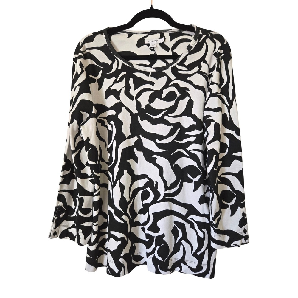 Chico's 3 Womens XL Top Black White Abstract Rose Pima Cotton Button Cuff